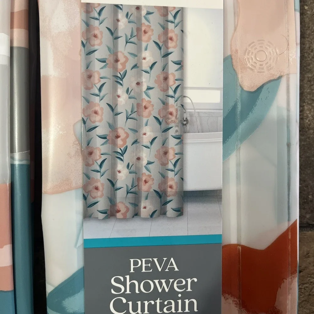 2 Shower Curtains 70 X 72 Coral/Teal Striped/Flowers and Hooks Comfort Bay